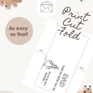 Puede incluir: Una plantilla de tarjeta de felicitaci&oacute;n imprimible con el texto Print Cut Fold y As easy as that! La tarjeta incluye un dibujo lineal de dos personas y el texto DAD THANKS FOR SHARING YOUR DNA. NOW WE ARE BOTH AWESOME! con l&iacute;neas de pliegue.