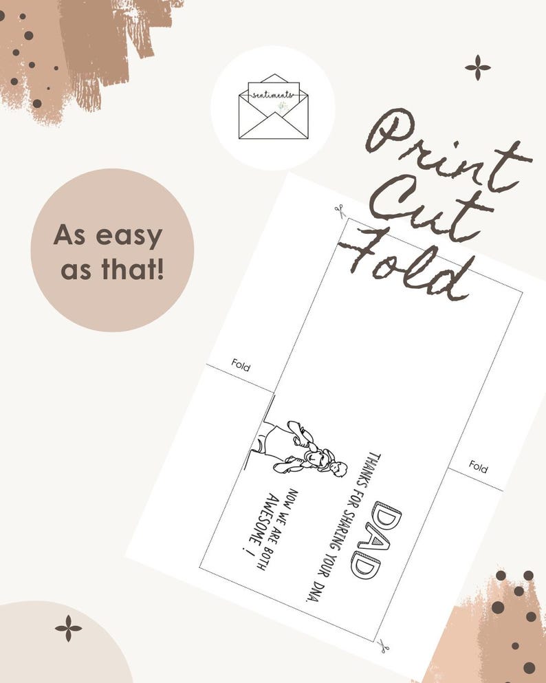Puede incluir: Una plantilla de tarjeta de felicitaci&oacute;n imprimible con el texto Print Cut Fold y As easy as that! La tarjeta incluye un dibujo lineal de dos personas y el texto DAD THANKS FOR SHARING YOUR DNA. NOW WE ARE BOTH AWESOME! con l&iacute;neas de pliegue.