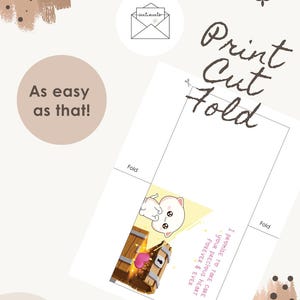 May include: A printable card template featuring a cartoon cat character next to a wooden treasure chest containing a pink heart. The design includes the text "Print Cut Fold", "As easy as that!", and "I promise to take care of your precious heart forever & ever".
