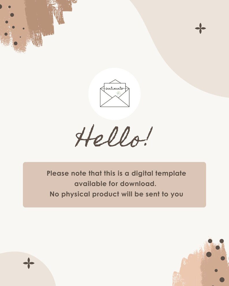 May include: A digital template design with a neutral color palette. The design includes the word "Hello!" in a handwritten font, an envelope icon, and a text box stating it's a digital download with no physical product.