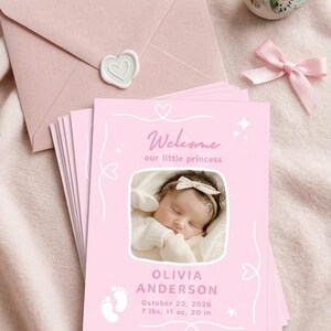 Puede incluir: Tarjetas rosas de anuncio de beb&eacute; con el texto "Welcome our little princess" y una foto de un beb&eacute;. La tarjeta incluye el nombre del beb&eacute;, la fecha de nacimiento, el peso (3,5 kg) y la longitud (51 cm). Un sobre y un p&aacute;jaro decorativo tambi&eacute;n est&aacute;n en la imagen.