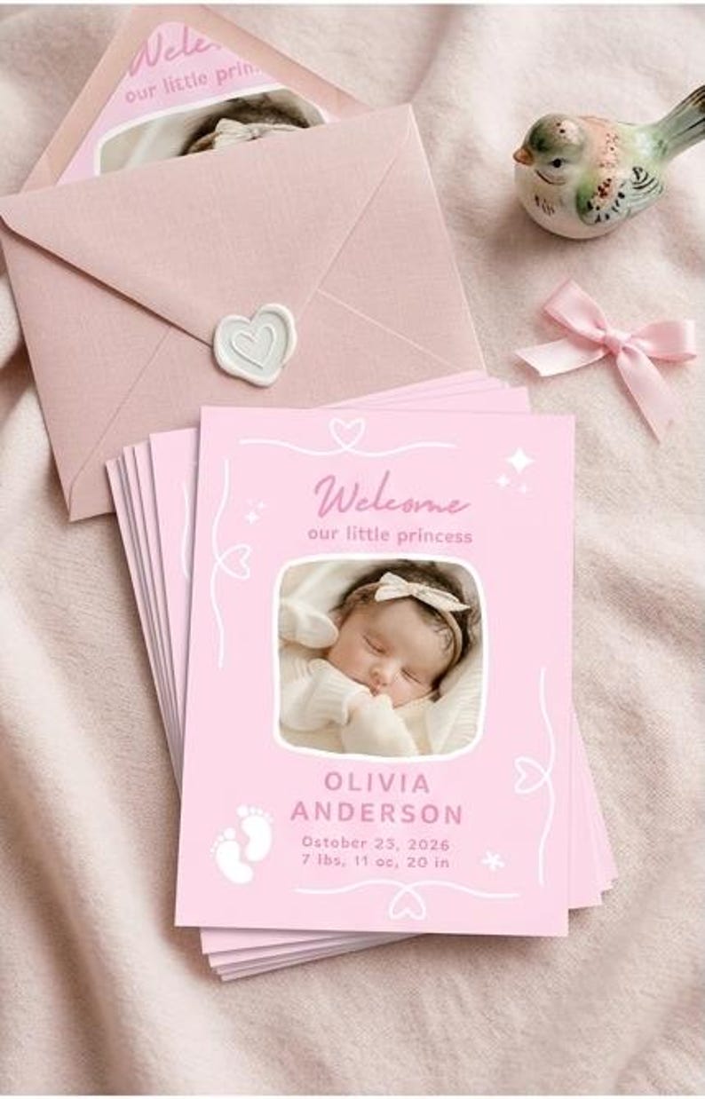 Puede incluir: Tarjetas rosas de anuncio de beb&eacute; con el texto "Welcome our little princess" y una foto de un beb&eacute;. La tarjeta incluye el nombre del beb&eacute;, la fecha de nacimiento, el peso (3,5 kg) y la longitud (51 cm). Un sobre y un p&aacute;jaro decorativo tambi&eacute;n est&aacute;n en la imagen.