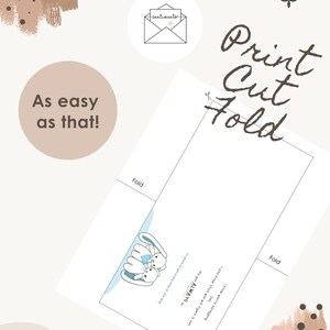 Peut inclure: Une carte blanche avec le texte "Print Cut Fold" et "As easy as that!". La carte pr&eacute;sente une illustration de deux lapins et les mots "I also know that you will figure it out. I am ALWAYS..."