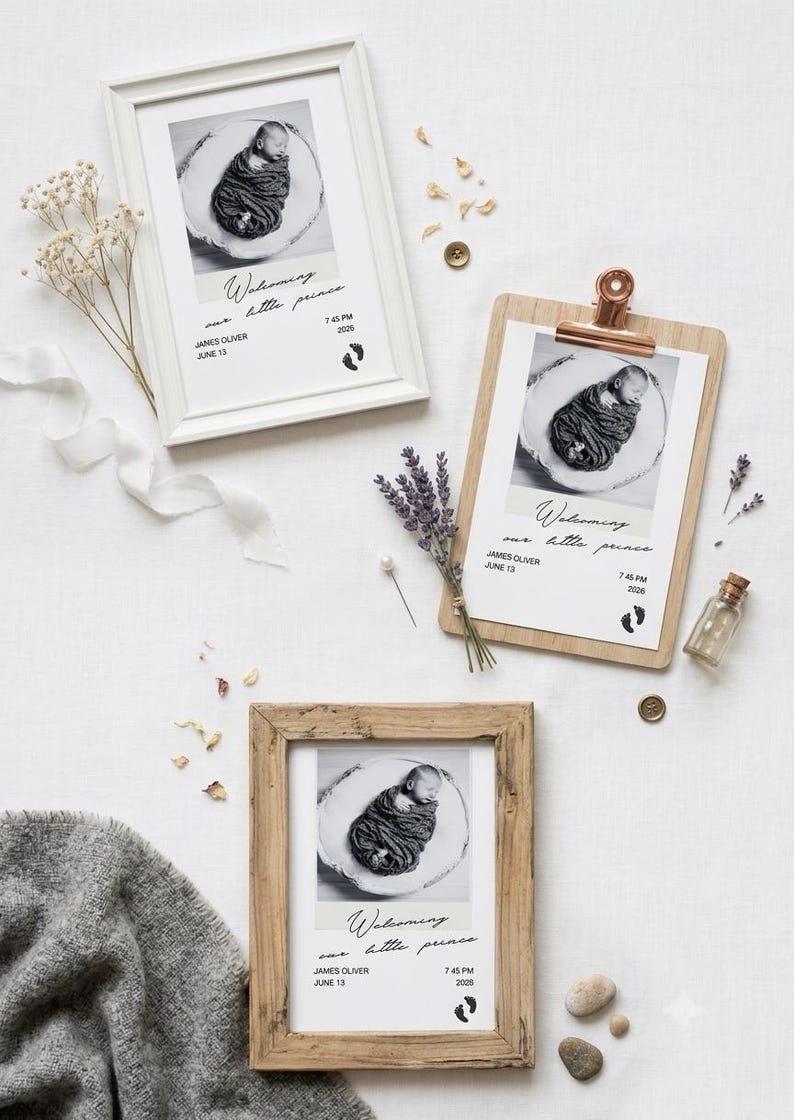 May include: Three birth announcement prints featuring a black and white photograph of a swaddled newborn. Each print displays the text "Welcoming our little prince," the name "James Oliver," the date "June 13," the time "7:45 PM," and the year "2026."