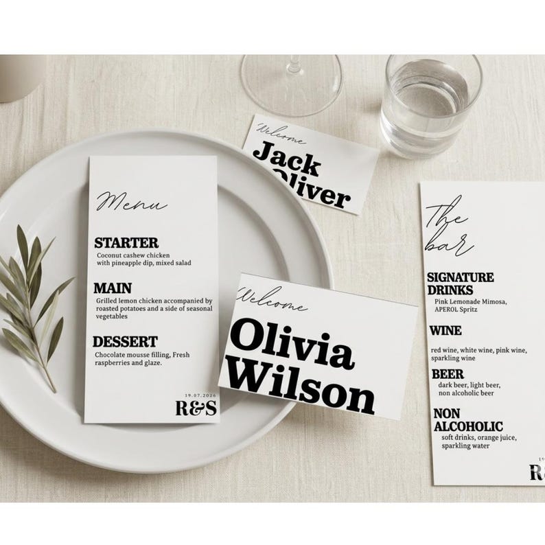 May include: A table setting with a white plate, menu, and name cards. The menu lists a starter, main course, and dessert. Name cards read "Jack Oliver" and "Olivia Wilson." A bar menu lists signature drinks, wine, beer, and non-alcoholic options.
