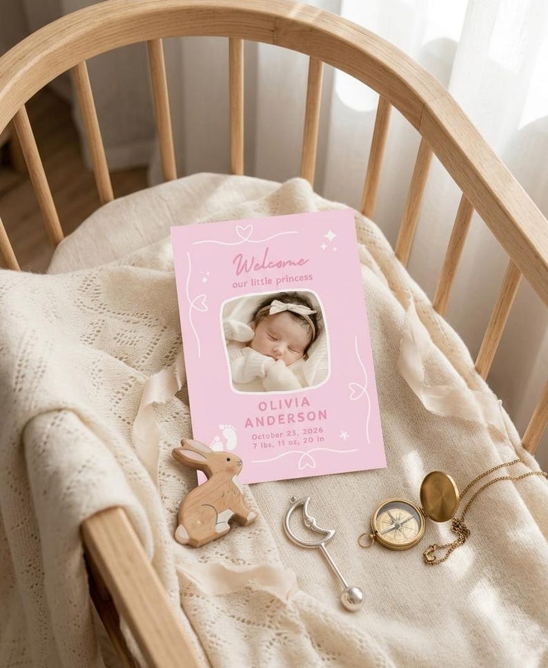 Puede incluir: Una tarjeta rosa de anuncio de beb&eacute; con el texto "Welcome our little princess" y una foto de un beb&eacute; durmiendo. La tarjeta tambi&eacute;n incluye el nombre del beb&eacute;, la fecha de nacimiento y el peso: 3,49 kg, 50,8 cm. Un conejito de madera, un sonajero plateado y una br&uacute;jula tambi&eacute;n son visibles.