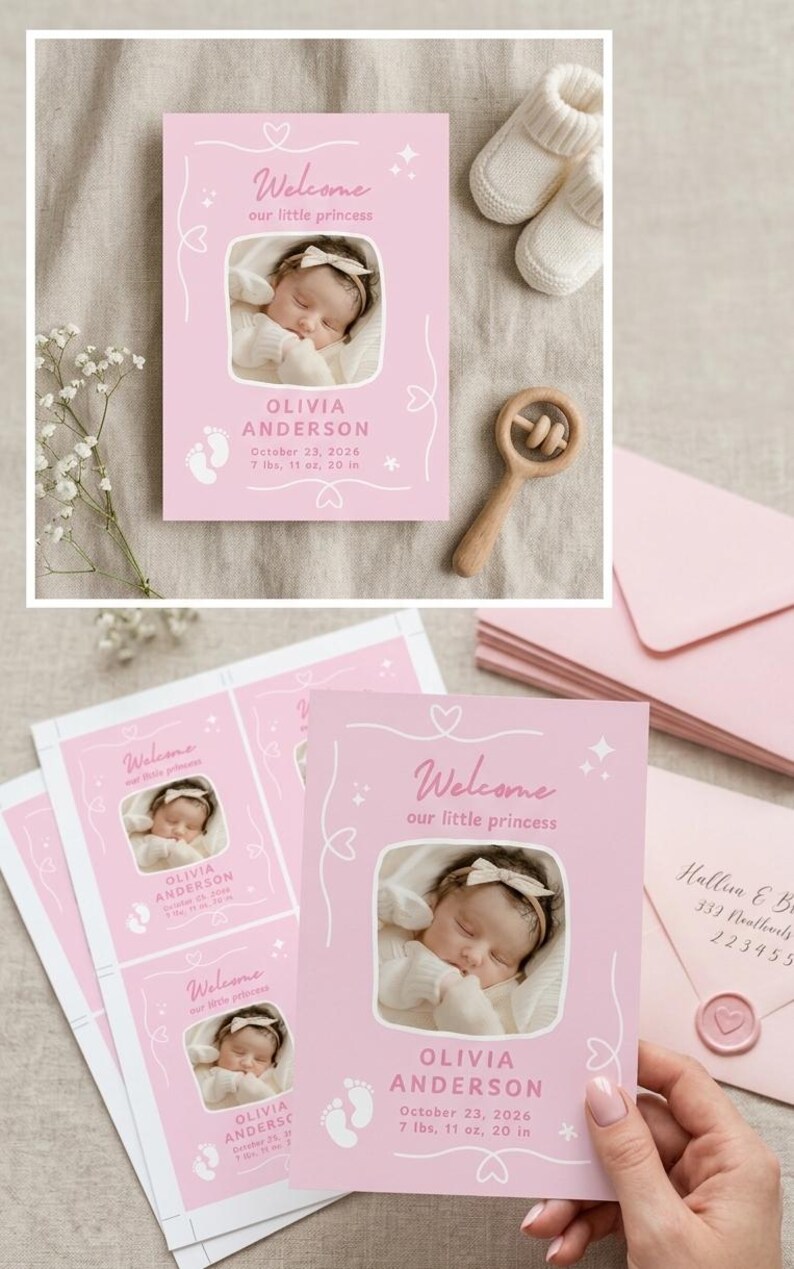 Puede incluir: Tarjetas rosas de anuncio de beb&eacute; con el texto "Bienvenida nuestra peque&ntilde;a princesa" y una foto de un beb&eacute;. La tarjeta incluye el nombre del beb&eacute;, la fecha de nacimiento, el peso y la longitud. Tambi&eacute;n se muestran patucos y una sonaja de madera.