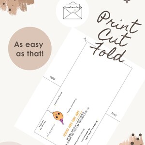 May include: A printable greeting card with the text "Print Cut Fold" and "As easy as that!". The card features a cartoon balloon with the words "Happy Birthday". The background is a light beige with brown accents.