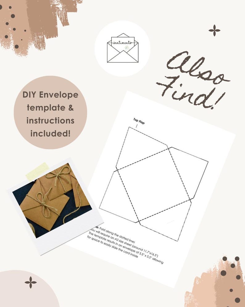 May include: DIY envelope template and instructions included. The image shows a polaroid photo of brown envelopes tied with twine. A diagram of an envelope template is also shown, with the text "Top Flap". The text "Also Find!" is also visible.