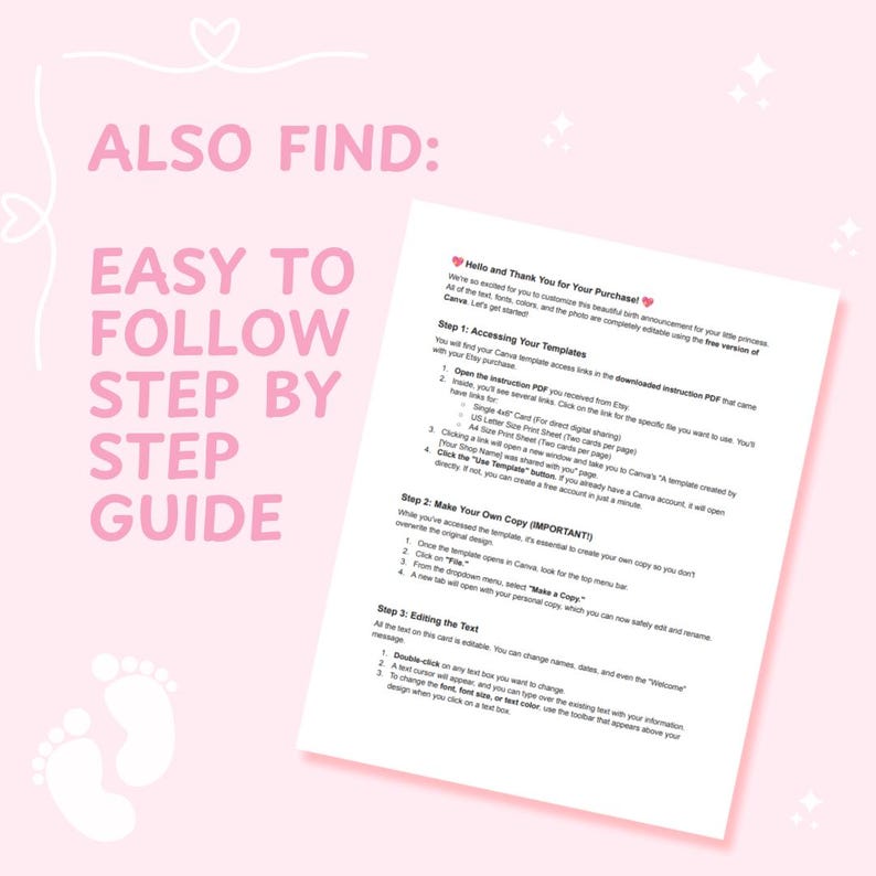 Puede incluir: Una gu&iacute;a rosa y blanca con el texto "ALSO FIND: EASY TO FOLLOW STEP BY STEP GUIDE". A la derecha hay un documento con instrucciones. El documento incluye el texto "Hello and Thank You for Your Purchase!" y "Step 1: Accessing Your Templates."