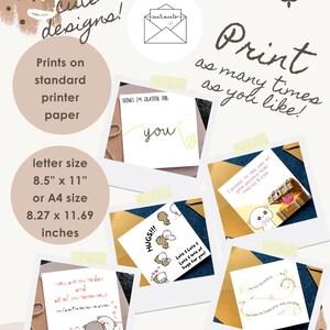 Puede incluir: Una colecci&oacute;n de cinco dise&ntilde;os de tarjetas de felicitaci&oacute;n imprimibles con personajes de dibujos animados y texto. Las tarjetas incluyen frases como 'Things I'm grateful for: you', 'Hugs!!!' y 'You are my today and all of my tomorrows'. Tama&ntilde;o A4.