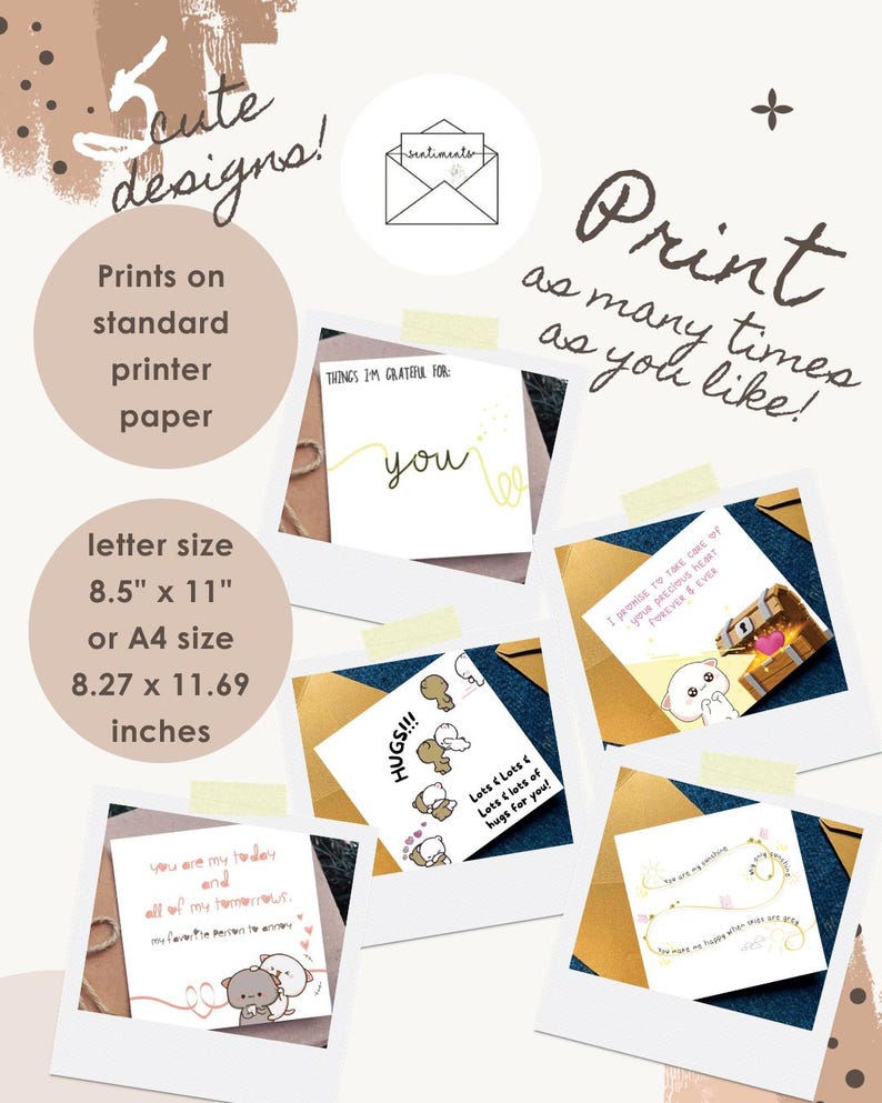 Puede incluir: Una colecci&oacute;n de cinco dise&ntilde;os de tarjetas de felicitaci&oacute;n imprimibles con personajes de dibujos animados y texto. Las tarjetas incluyen frases como 'Things I'm grateful for: you', 'Hugs!!!' y 'You are my today and all of my tomorrows'. Tama&ntilde;o A4.