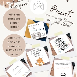 Puede incluir: Una colecci&oacute;n digital de cinco tarjetas de felicitaci&oacute;n imprimibles con ilustraciones de koalas, un gato y un panda, con textos que incluyen "You can count on me", "Tough times don't last", "The one where I tell you how important you are" y "it'll be okay".