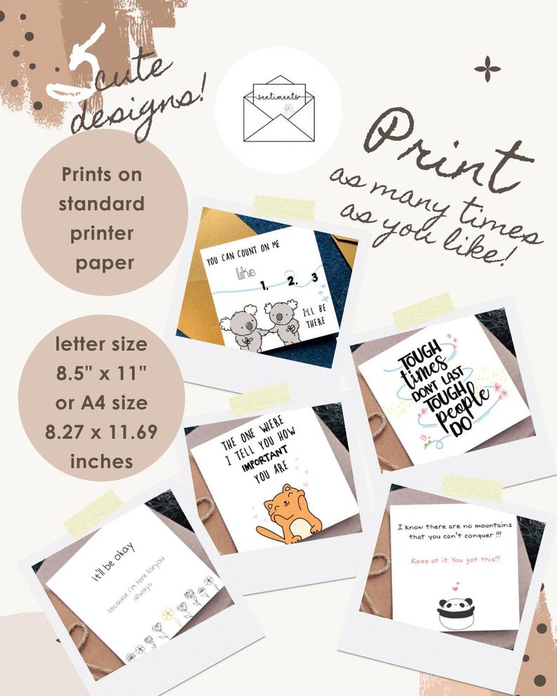 Puede incluir: Una colecci&oacute;n digital de cinco tarjetas de felicitaci&oacute;n imprimibles con ilustraciones de koalas, un gato y un panda, con textos que incluyen "You can count on me", "Tough times don't last", "The one where I tell you how important you are" y "it'll be okay".