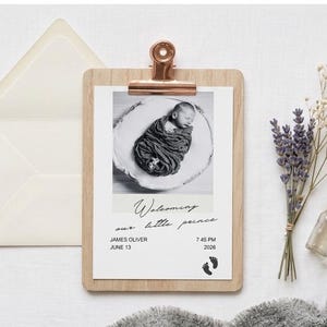 Minimalist Birth Announcement Template Canva, Gender Neutral Baby Announcement Digital Modern Polaroid Baby Card Printable Editable Text 4x6 image 4