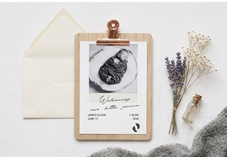 Minimalist Birth Announcement Template Canva, Gender Neutral Baby Announcement Digital Modern Polaroid Baby Card Printable Editable Text 4x6 image 4