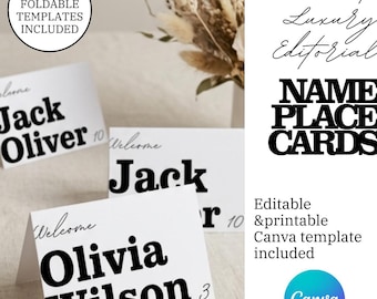 Plantilla editorial para tarjetas de mesa de boda, tarjetas minimalistas para nombres de invitados, etiquetas de asientos plegables y planas, plantilla moderna de Canva, decoración de mesa de lujo