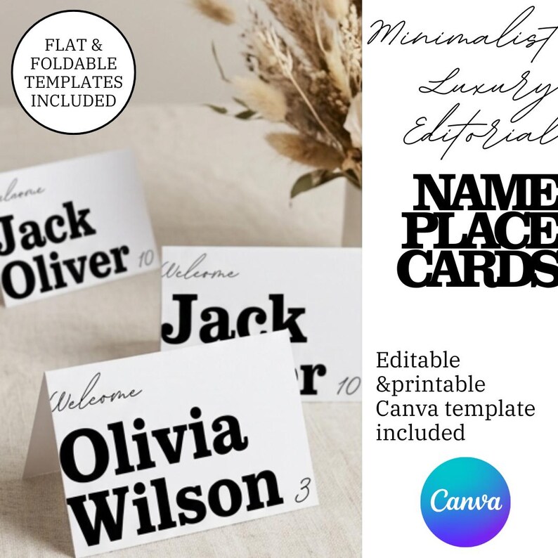May include: White place cards with black text displaying names and numbers. The cards are arranged on a neutral surface, with the words "NAME PLACE CARDS" in bold letters. The image also includes the text "FLAT & FOLDABLE TEMPLATES INCLUDED".