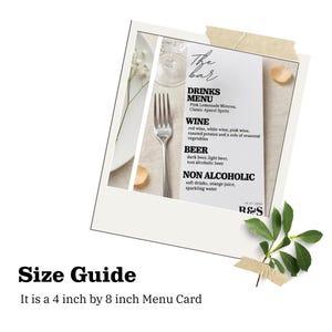 Puede incluir: Una tarjeta de men&uacute; blanca, de 10 cm por 20 cm, con una lista de bebidas, vino, cerveza y bebidas sin alcohol. El men&uacute; est&aacute; decorado con un tenedor, un plato y una ramita de hojas. El texto "The Bar" est&aacute; en la parte superior.
