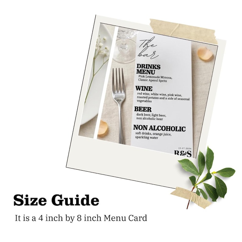 Puede incluir: Una tarjeta de men&uacute; blanca, de 10 cm por 20 cm, con una lista de bebidas, vino, cerveza y bebidas sin alcohol. El men&uacute; est&aacute; decorado con un tenedor, un plato y una ramita de hojas. El texto "The Bar" est&aacute; en la parte superior.