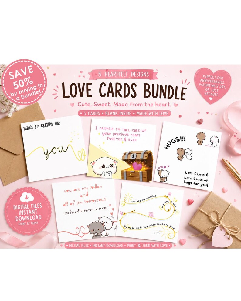 Puede incluir: Un paquete de cinco tarjetas de felicitaci&oacute;n cuadradas con varias ilustraciones y textos, incluyendo "Things I'm grateful for: you", "I promise to take care of your precious heart forever & ever", "Hugs!!!", "You are my today and all of my tomorrows" y "You are my sunshine".