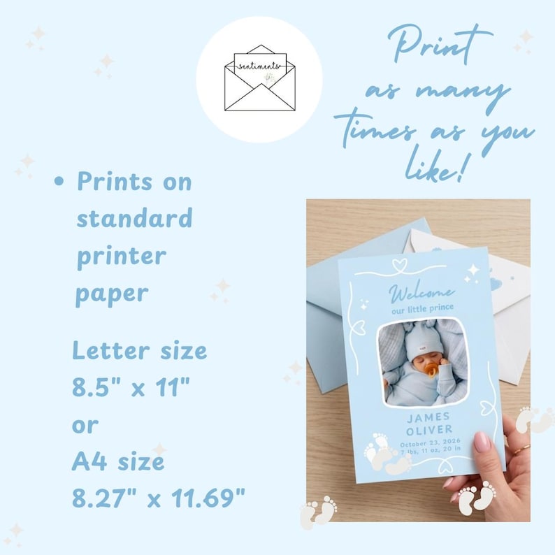 Puede incluir: Tarjeta de anuncio de nacimiento azul claro con foto de un beb&eacute; reci&eacute;n nacido. La tarjeta incluye el texto "Welcome our little prince" y los datos del beb&eacute;. La tarjeta mide 21,59 cm x 27,94 cm o tama&ntilde;o A4, 21 cm x 29,7 cm.
