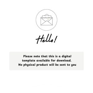 May include: A digital template graphic featuring a circular icon with an envelope illustration containing the word sentiments. Below the icon is the word Hello in a script font. A rectangular box contains the text: Please note that this is a digital template available for download. No physical product will be sent to you.