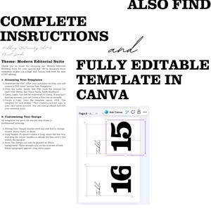 Op de afbeelding: Een digitale trouwpakket sjabloon met instructies en een Canva sjabloon. Het ontwerp bevat tafelnummer sjablonen met de nummers 15 en 16 in een vetgedrukte, zwarte lettertype. De tekst bevat ook instructies over het aanpassen.