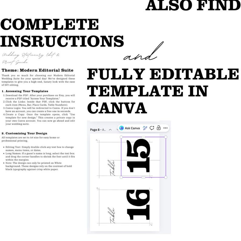 Op de afbeelding: Een digitale trouwpakket sjabloon met instructies en een Canva sjabloon. Het ontwerp bevat tafelnummer sjablonen met de nummers 15 en 16 in een vetgedrukte, zwarte lettertype. De tekst bevat ook instructies over het aanpassen.