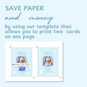Puede incluir: Una plantilla azul claro para anuncios de beb&eacute;. La plantilla presenta dos tarjetas con una foto de beb&eacute;, el texto "Welcome our little prince", y el nombre y los detalles de nacimiento del beb&eacute;. El texto "SAVE PAPER and money" est&aacute; en la parte superior.