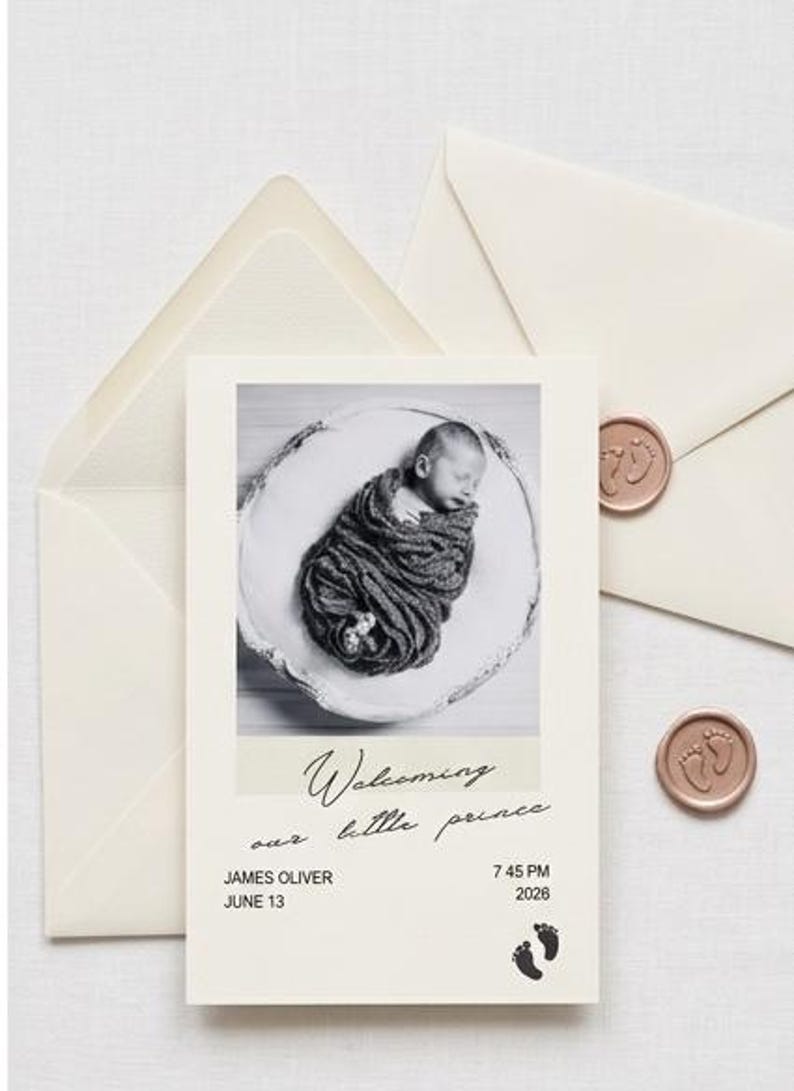 May include: A cream-coloured birth announcement card featuring a black and white photograph of a swaddled newborn. The text reads Welcoming our little prince, James Oliver, June 13, 7 45 PM, 2026. Includes two cream envelopes with wax seals.
