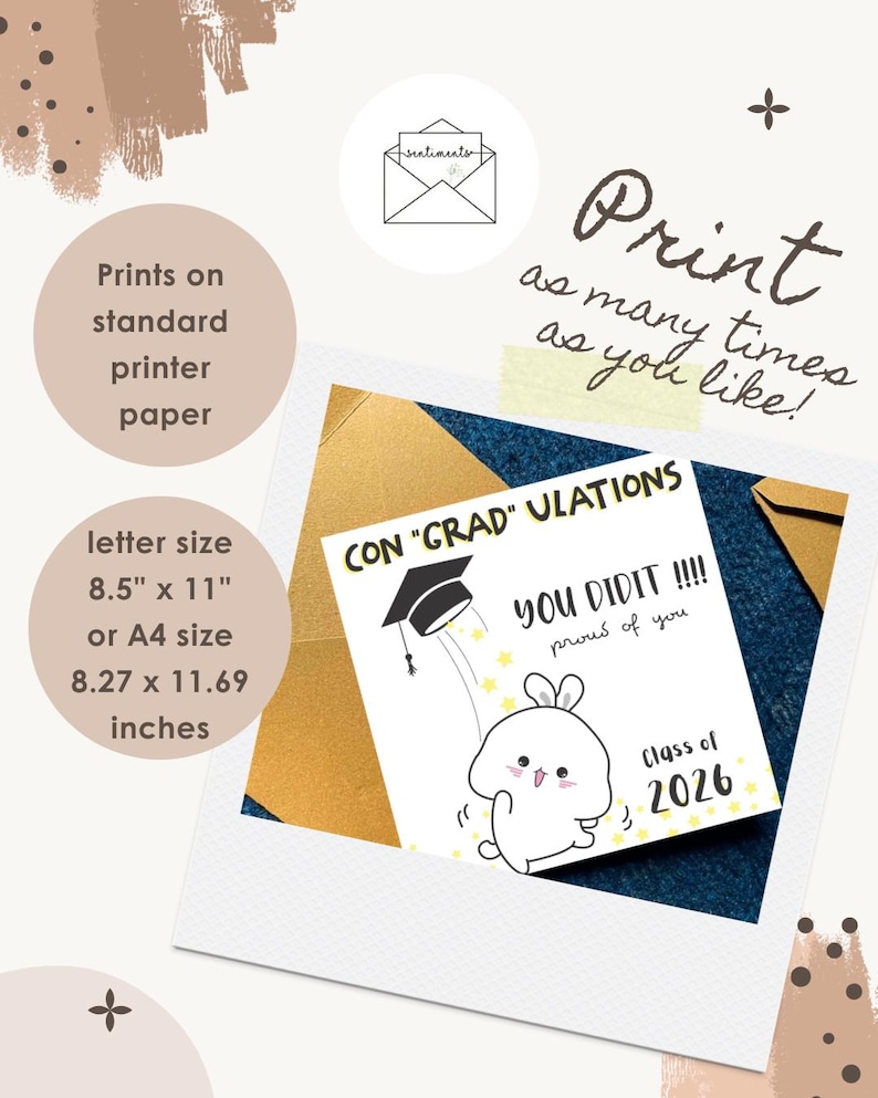 K&ouml;nnte beinhalten: Abschlusskarte mit einem Cartoon-Hasen und dem Text "CON 'GRAD' ULATIONS YOU DID IT!!!! proud of you Class of 2026". Die Karte hat das Format A4, 21 x 29,7 cm, und kann auf Standard-Druckerpapier gedruckt werden.