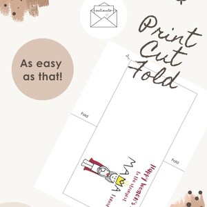 May include: White card with a cartoon illustration of a queen and the text "Happy Women's Day". The card also has the text "Print, Cut, Fold" and "As easy as that!" in brown and black.