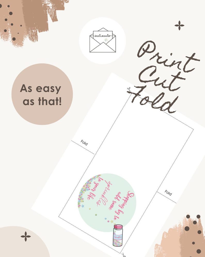 Puede incluir: Un dise&ntilde;o de tarjeta de felicitaci&oacute;n imprimible con el texto "Print Cut Fold". La tarjeta presenta un gr&aacute;fico circular con el texto "Stopping by to add some sprinkles to your life". Tambi&eacute;n se muestra un tarro de chispas.