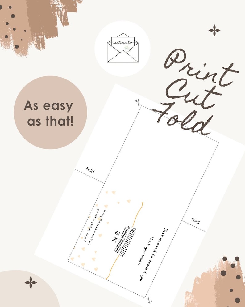 Puede incluir: Un dise&ntilde;o de tarjeta de felicitaci&oacute;n imprimible con las palabras "Imprimir, Cortar, Doblar". La tarjeta incluye el texto "Solo quer&iacute;a recordarte que significas..." y "&iexcl;As&iacute; de f&aacute;cil!" El dise&ntilde;o presenta una paleta de colores neutros.