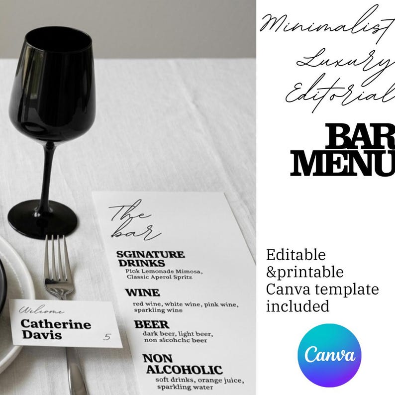 Puede incluir: Una copa de vino negra, un tenedor y un cubierto con una tarjeta de men&uacute; blanca que dice "The Bar" y enumera las opciones de bebidas. Tambi&eacute;n hay una tarjeta de bienvenida con el nombre "Catherine Davis". La imagen incluye el texto "BAR MENU".
