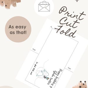 Puede incluir: Una plantilla de tarjeta de felicitaci&oacute;n imprimible con el texto Print Cut Fold y As easy as that! El dise&ntilde;o incluye una ilustraci&oacute;n de un globo terr&aacute;queo con una persona, el texto Happy birthday you Globe trotter y So glad YOU exist.