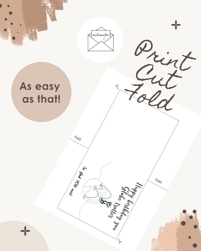 Puede incluir: Una plantilla de tarjeta de felicitaci&oacute;n imprimible con el texto Print Cut Fold y As easy as that! El dise&ntilde;o incluye una ilustraci&oacute;n de un globo terr&aacute;queo con una persona, el texto Happy birthday you Globe trotter y So glad YOU exist.