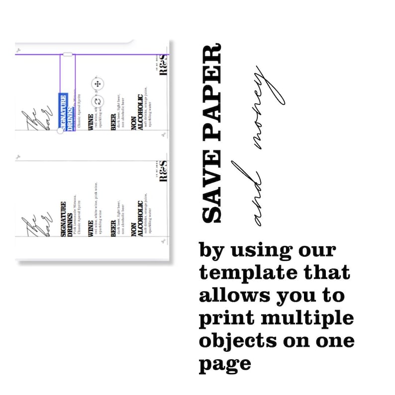 Puede incluir: Un papel blanco con un dise&ntilde;o de men&uacute;, con secciones para bebidas de autor, vino, cerveza y bebidas sin alcohol. El texto a la derecha dice "SAVE PAPER and money" con una llamada a imprimir varios objetos en una p&aacute;gina.