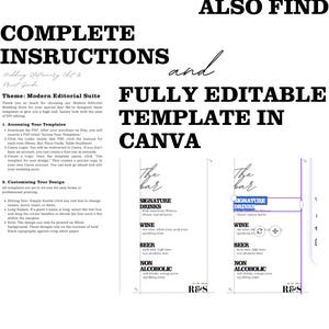 Puede incluir: Una gu&iacute;a de dise&ntilde;o de papeler&iacute;a de boda con instrucciones y una plantilla totalmente editable en Canva. El dise&ntilde;o incluye un men&uacute; de bar con bebidas de autor, vino, cerveza y opciones sin alcohol. El texto es negro sobre fondo blanco.