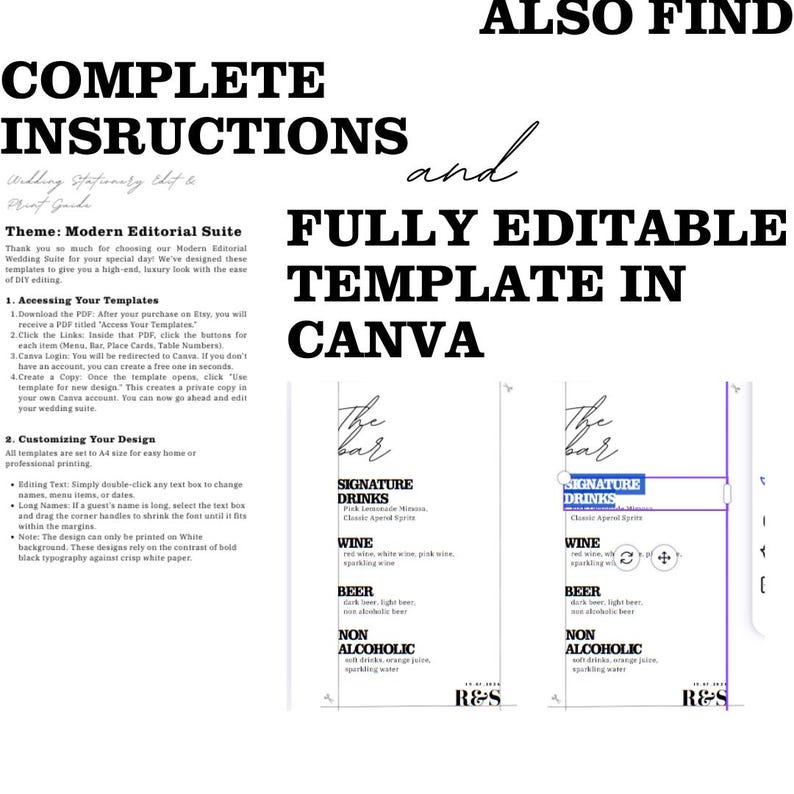 Puede incluir: Una gu&iacute;a de dise&ntilde;o de papeler&iacute;a de boda con instrucciones y una plantilla totalmente editable en Canva. El dise&ntilde;o incluye un men&uacute; de bar con bebidas de autor, vino, cerveza y opciones sin alcohol. El texto es negro sobre fondo blanco.