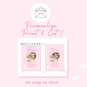 Puede incluir: Dise&ntilde;o de anuncio de beb&eacute; rosa con una foto de un beb&eacute; durmiendo, la palabra "Welcome", y el nombre del beb&eacute; y los detalles del nacimiento. El dise&ntilde;o tambi&eacute;n incluye el texto "Personalize Print & Cut!" y "As easy as that!"