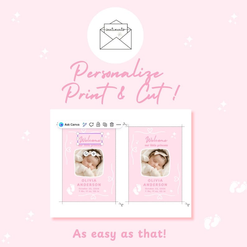 Puede incluir: Dise&ntilde;o de anuncio de beb&eacute; rosa con una foto de un beb&eacute; durmiendo, la palabra "Welcome", y el nombre del beb&eacute; y los detalles del nacimiento. El dise&ntilde;o tambi&eacute;n incluye el texto "Personalize Print & Cut!" y "As easy as that!"