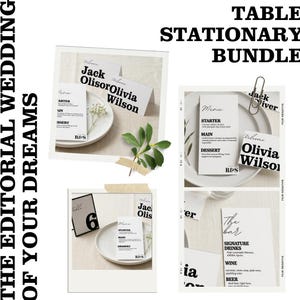 May include: A table stationary bundle with a minimalist design. The image features place cards, menus, and bar menus with elegant typography. The text includes names, menu items, and drink options. The overall aesthetic is clean and modern, suitable for weddings.