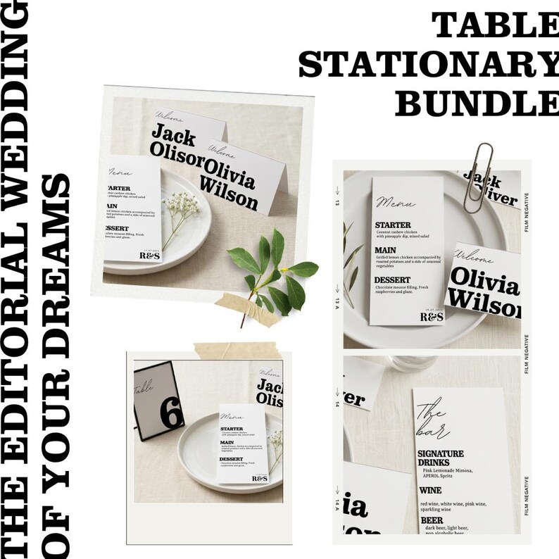 May include: A table stationary bundle with a minimalist design. The image features place cards, menus, and bar menus with elegant typography. The text includes names, menu items, and drink options. The overall aesthetic is clean and modern, suitable for weddings.