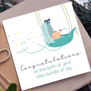 May include: A baby shower greeting card with a teal-colored baby carriage illustration. The card features the text "Congratulations on the birth of your little bundle of joy" in a handwritten font. The background is a neutral brown.