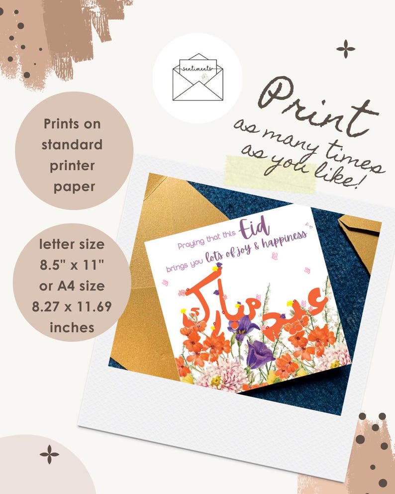 Op de afbeelding: Een witte wenskaart met bloemmotieven en Arabische tekst, weergegeven in een fotolijst in polaroidstijl. De kaart leest "Eid" en "Praying that this brings you lots of joy & happiness." De afbeelding bevat ook tekst over het afdrukken op standaardpapier en het A4-formaat van 21 x 29,7 cm.