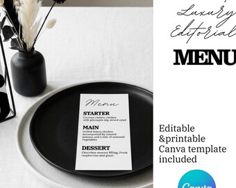 Plantilla minimalista para menú de boda, tarjeta de menú de mesa moderna imprimible, menú elegante para cena, menú editorial editable, papelería DIY.