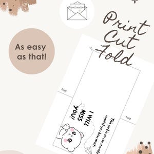 K&ouml;nnte beinhalten: Eine druckbare Gru&szlig;kartenvorlage mit einem Cartoon-B&auml;ren und dem Text "I WILL MISS YOU!" sowie "This card is to constantly remind you how much". Das Layout enth&auml;lt "Print Cut Fold"-Anweisungen, Faltlinien und Scherensymbole f&uuml;r den Zusammenbau.