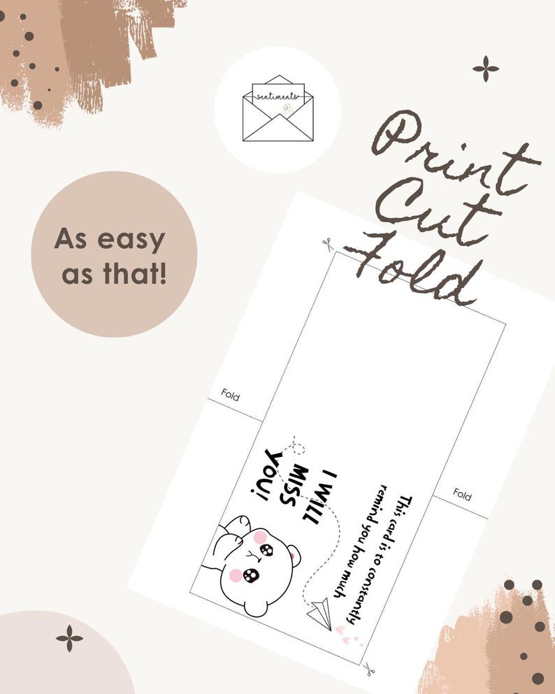 K&ouml;nnte beinhalten: Eine druckbare Gru&szlig;kartenvorlage mit einem Cartoon-B&auml;ren und dem Text "I WILL MISS YOU!" sowie "This card is to constantly remind you how much". Das Layout enth&auml;lt "Print Cut Fold"-Anweisungen, Faltlinien und Scherensymbole f&uuml;r den Zusammenbau.